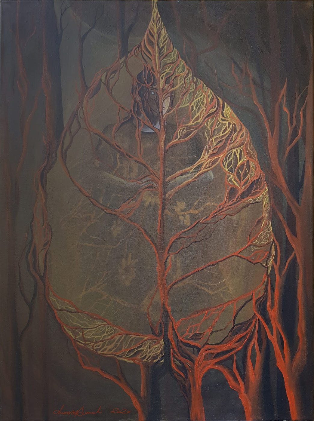 There She Is, Behind the Curtain, original painting by Chnoor Samadi